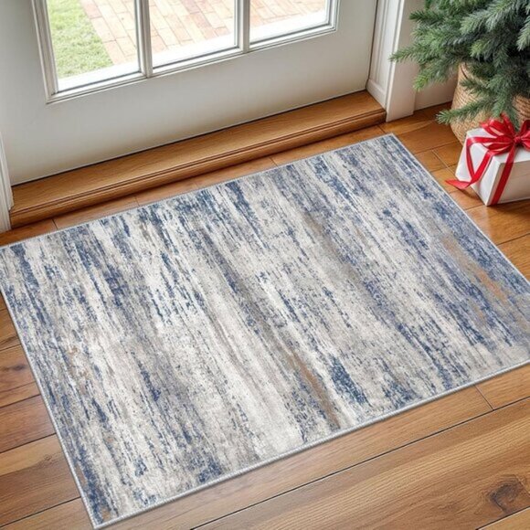 New Modern Abstract 2x3 Entryway Rug, Washable Non-Slip Faux Wool Mat, Grey-Blue